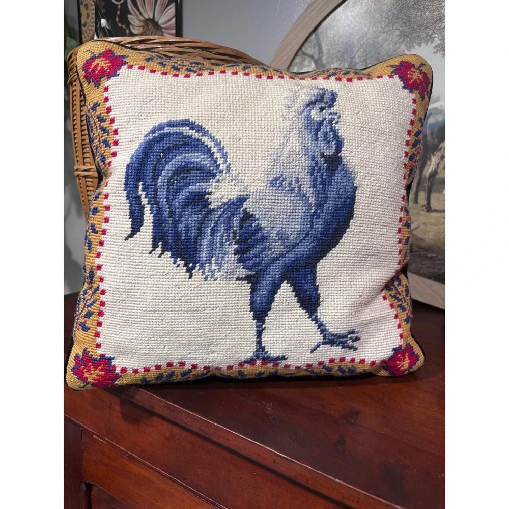 Vintage Needlepoint Rooster Chicken Throw Pillow Folk French Country Decor